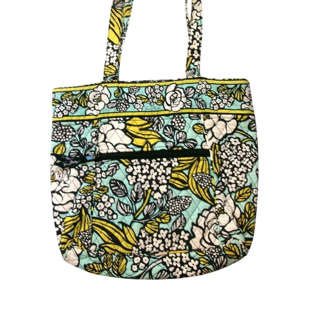 Vera Bradley Quilted Floral Tote Bag Aqua Yellow Black Zip Top Purse